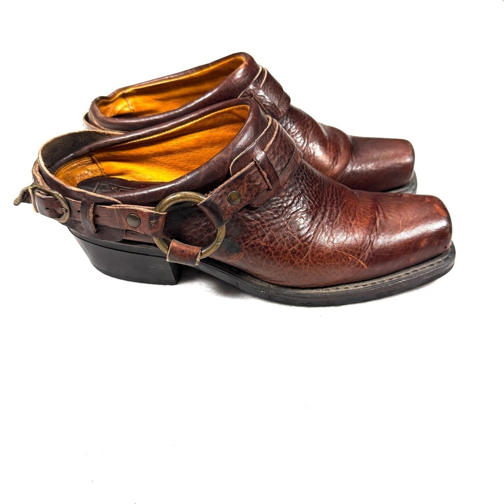 Vintage Frye Belted Harness Mules Womens US 7.5M Brown Leather Square Toe Moto